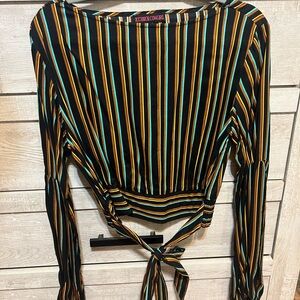 Rock & Roll Cowgirl Black and Green Tie Front Crop Blouse